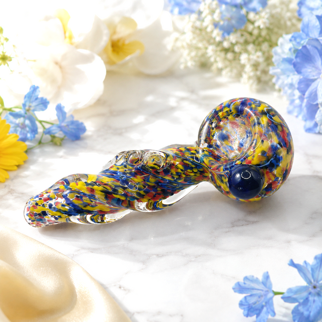 Multicolor Confetti Twist Glass Spoon Pipe with Blue Marble - 4-4.5 inch