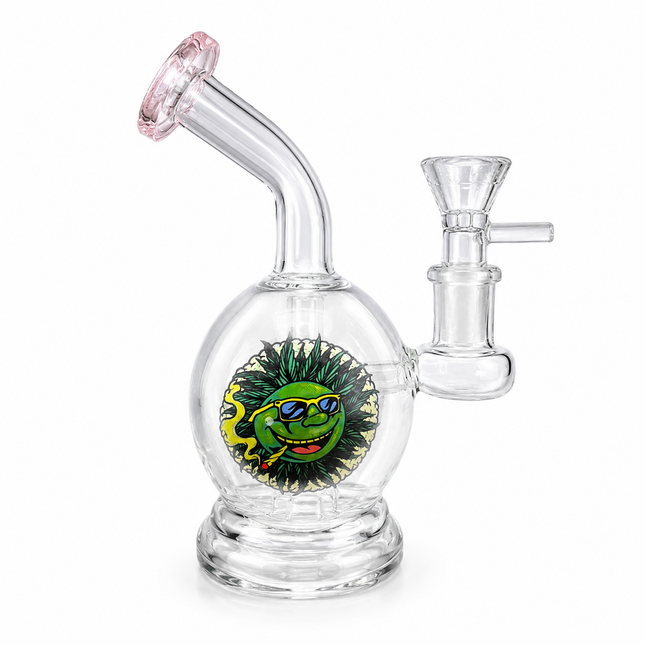 Pink Accent Sun Face Round Bubbler Glass Water Pipe 14mm - 6 inch