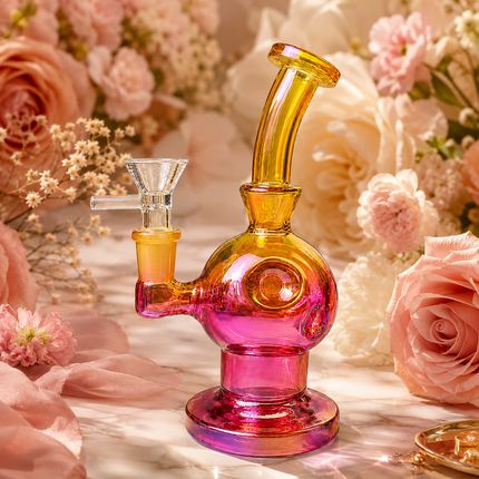 Gold Pink Iridescent Orb Glass Water Pipe 14mm Bowl Curved Neck 14mm 7.5 inch