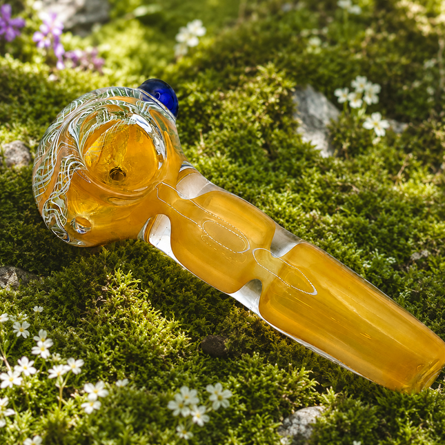 Amber Lace Glass Spoon Pipe with Blue Accent – 4.5 Inch Hand Pipe