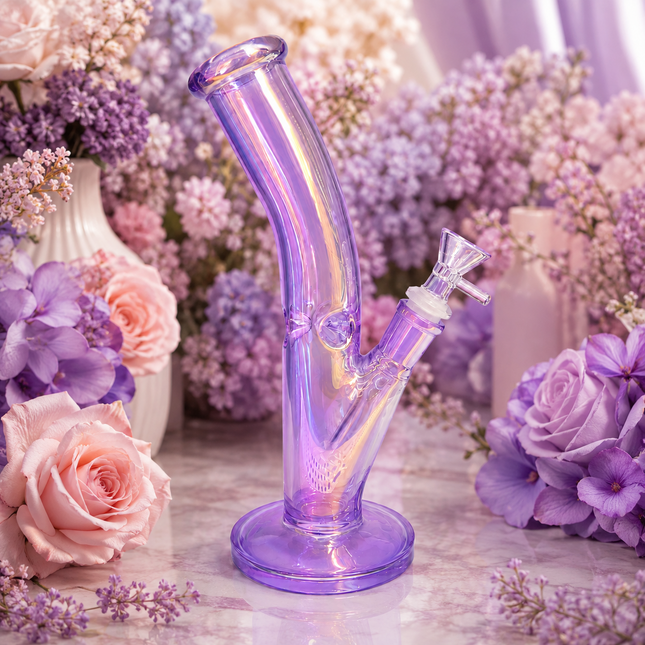 Purple Mirror Chrome Bent Neck Glass Water Pipe Removable Bowl 10 inch
