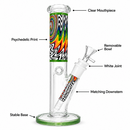Cosmic Flow Green Psychedelic Straight Tube Glass Bong 14mm Bowl 10 Inch