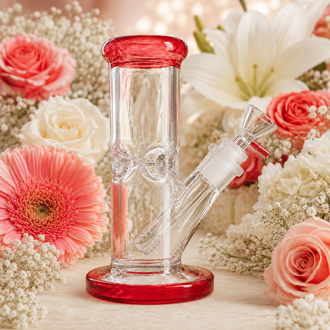 Red Accent Straight Tube Glass Water Pipe Ice Catcher Downstem 10 inch