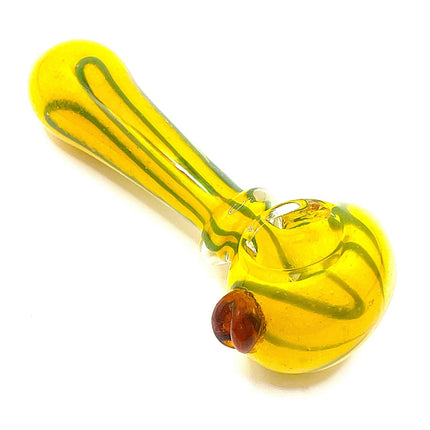 Yellow Riddler Glass Spoon Pipe with Green Stripe – 4 Inch Hand Pipe Rounded Bow