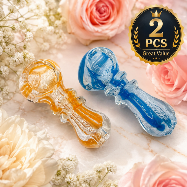 [2PC Bundle] Golden Sky Ribbon Glass Hand Pipes Amber Blue Clear 3 Inch