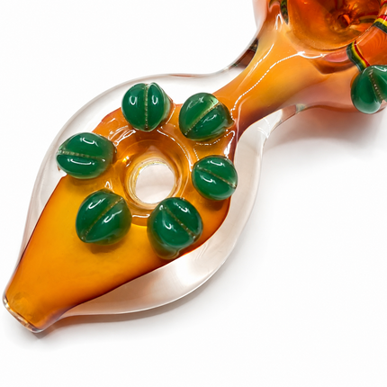 Amber Rainbow Glass Spoon Pipe Green Leaf Grips 5 Inch Hand Pipe