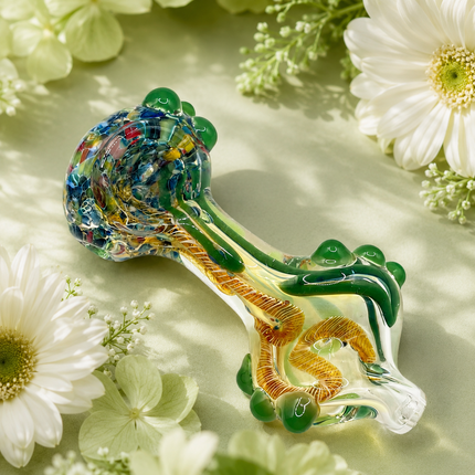 Green Gold Twist Glass Spoon Pipe Multicolor Bowl Marble Accents - 4 inch