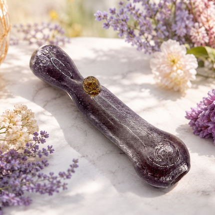 Smoky Amethyst Handcraft Glass Chillum Pipe Purple Gray Gold Accent 3~3.5 inch