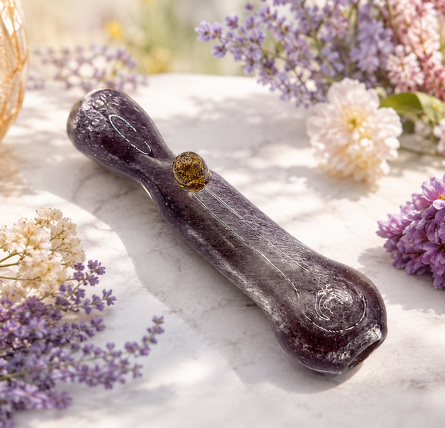 Smoky Amethyst Handcraft Glass Chillum Pipe Purple Gray Gold Accent 3~3.5 inch
