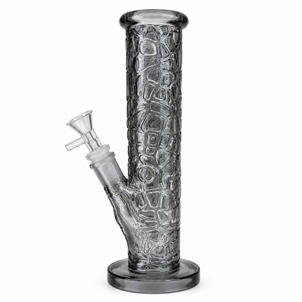 Midnight Chrome Smoke Gray Textured Straight Tube Glass Bong 14mm Bowl – 12 Inch