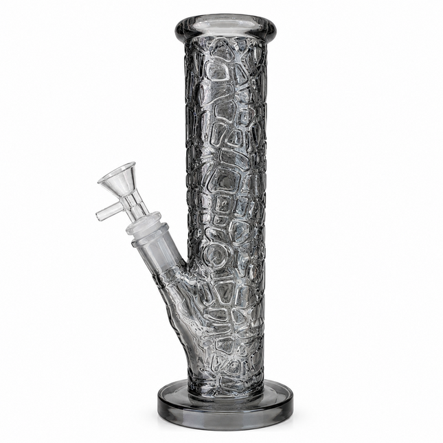 Midnight Chrome Smoke Gray Textured Straight Tube Glass Bong 14mm Bowl – 12 Inch