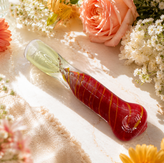 Ruby Gold Handcraft Glass Chillum Pipe Red Yellow Spiral 3~3.5 inch