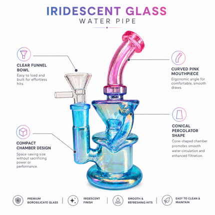 Blue Pink Iridescent Compact Glass Water Pipe 14mm 6~6.5 inch