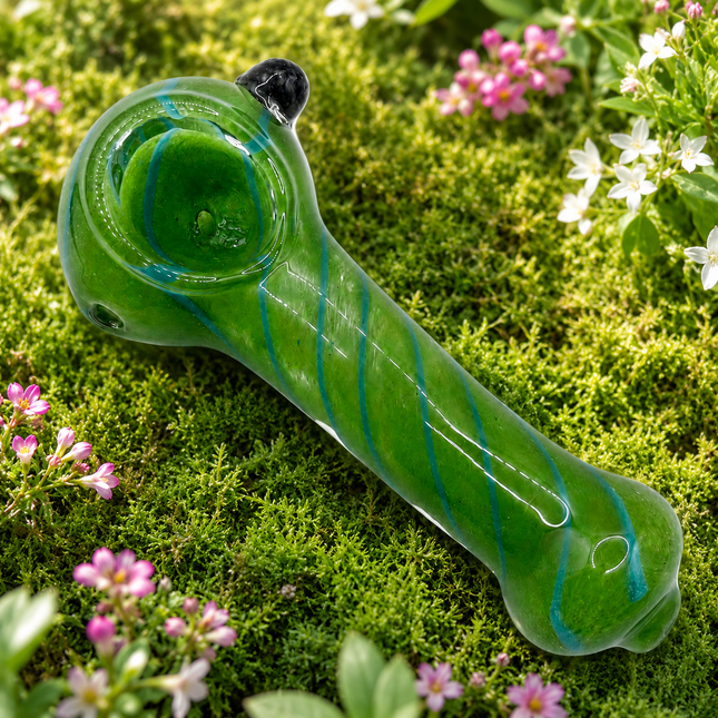 Emerald Green Spiral Glass Spoon Pipe with Black Accent – 4.5 Inch Hand Pipe