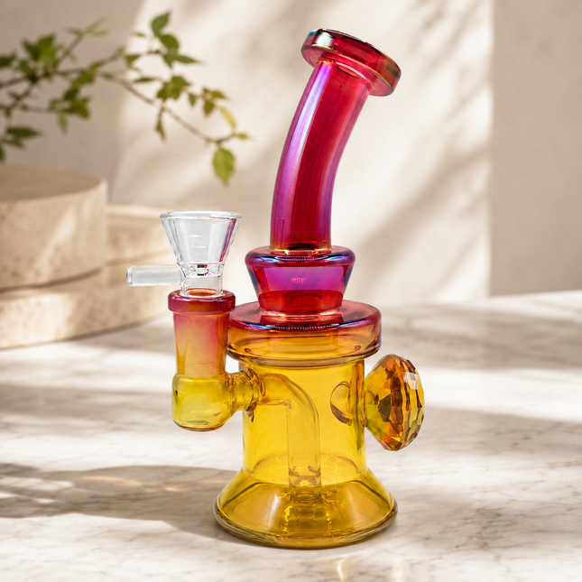 Hot Pink Yellow Diamond Mini Glass Water Pipe – 6–6.5 Inch Chrome Bong