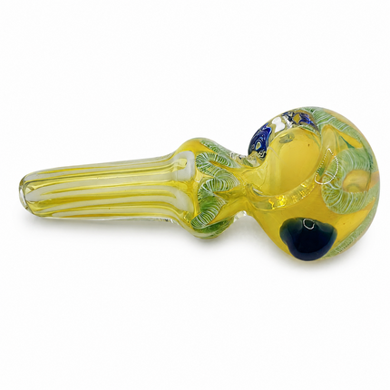 Lemon Grove Glass Spoon Pipe – 4 Inch Yellow Hand Pipe White Stripe Blue Accent