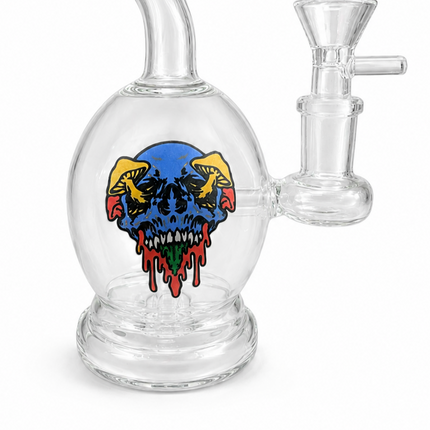 Green Accent Mushroom Skull Round Bubbler Round Glass Water Pipe 14mm - 6 inch