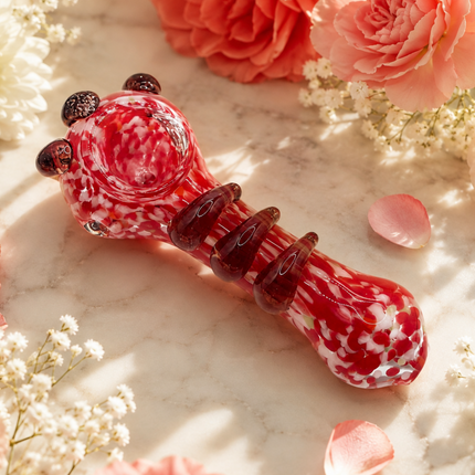 Red White Frit Handcraft Glass Spoon Pipe Deep Red Teardrop Accents 4.5 inch