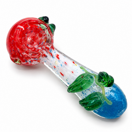 Red Blue Confetti Glass Spoon Pipe with Green Leaf Accents - 4 inch