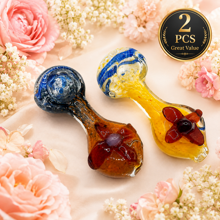 [2PC Bundle] Sunset Bloom Flower Accent Glass Hand Pipes Assorted Colors 4 Inch