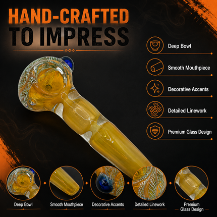 Amber Lace Glass Spoon Pipe with Blue Accent – 4.5 Inch Hand Pipe