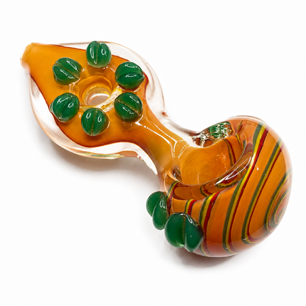 Amber Rainbow Glass Spoon Pipe Green Leaf Grips 5 Inch Hand Pipe