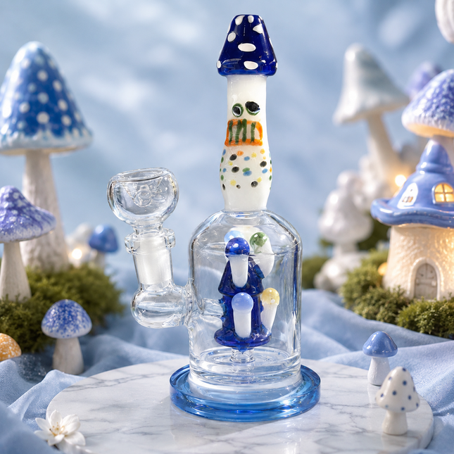 Navy Glass Bong with Whimsical Mushroom Percolator & Bowl - 7.5 inch