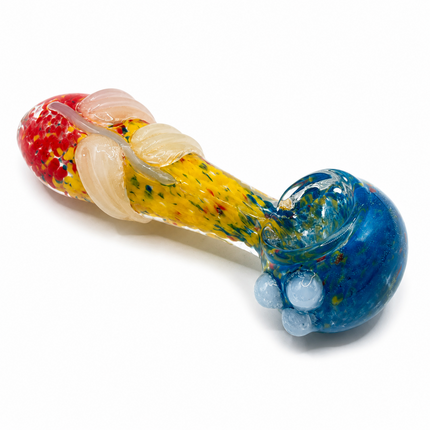 Sapphire Blue Yellow Red Confetti Glass Spoon Pipe with White Leaf - 4 inch