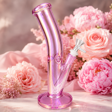 Pink Mirror Chrome Bent Neck Glass Water Pipe Removable Bowl 10 inch