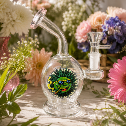 Pink Accent Sun Face Round Bubbler Glass Water Pipe 14mm - 6 inch