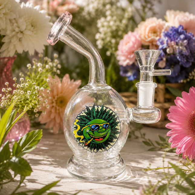 Pink Accent Sun Face Round Bubbler Glass Water Pipe 14mm - 6 inch