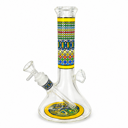 Solar Temple Aztec Mandala Glass Bong Yellow Clear 10 Inch