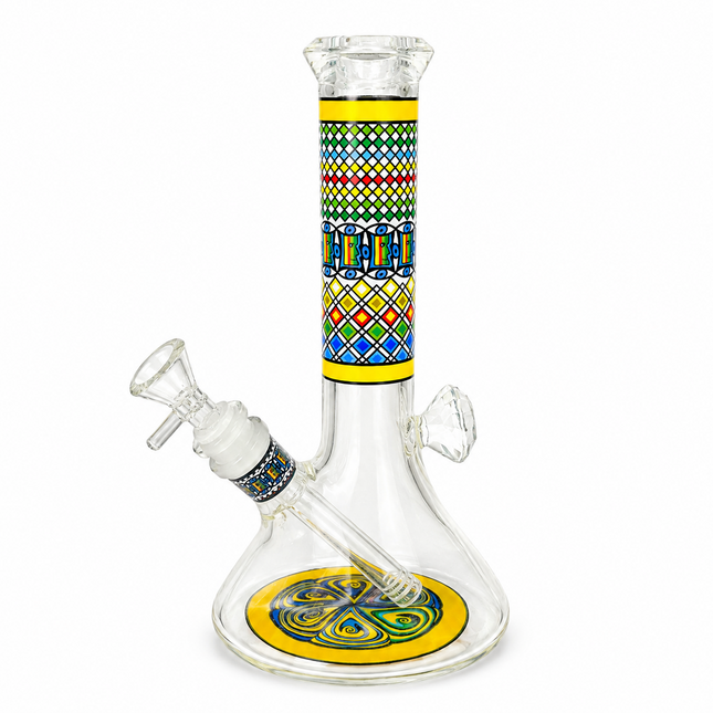 Solar Temple Aztec Mandala Glass Bong Yellow Clear 10 Inch