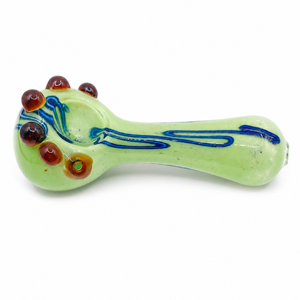 Milky Green Palm Glass Spoon Pipe with Blue Swirl & Amber Marble Accents - 4.5"