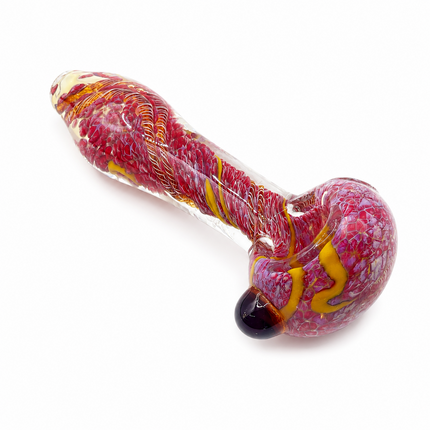 Crimson Red Yellow Web Twist Glass Spoon Pipe with Marble Accent - 4.5 inch