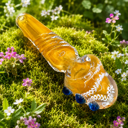 Golden Ribbon Amber Glass Spoon Pipe – 4 Inch Hand Pipe Blue Accent