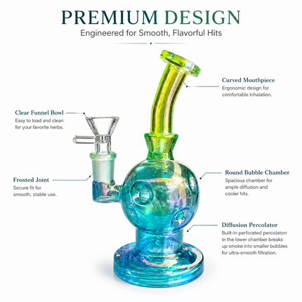 Blue Green Iridescent Orb Glass Water Pipe 14mm Bowl Curved Neck 7.5 inch