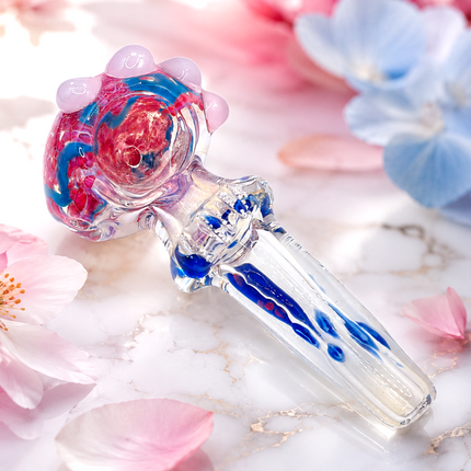 Ghost Clear Crimson Sapphire Glass Spoon Pipe with White Marble Accents - 4.5 in