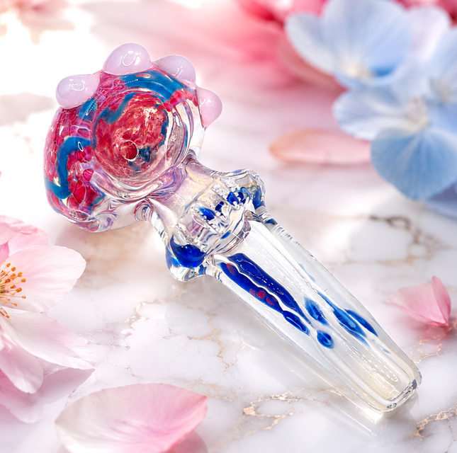 Ghost Clear Crimson Sapphire Glass Spoon Pipe with White Marble Accents - 4.5 in