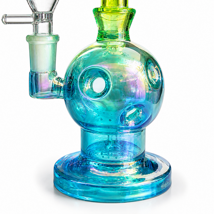 Blue Green Iridescent Orb Glass Water Pipe 14mm Bowl Curved Neck 7.5 inch
