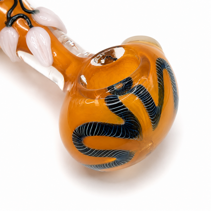 Amber Glass Spoon Pipe White Petal Grips Black Ribbon Accents Hand Pipe 5 Inch