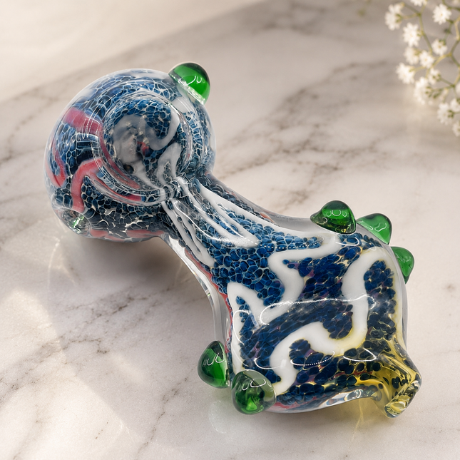 Blue Frit Twisted Body Glass Spoon Pipe with Green Raised Accents - 5 Inch