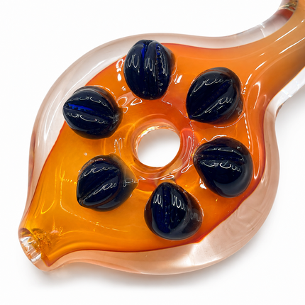Amber Rainbow Stripe Glass Spoon Pipe with Black Dot Grips - 5 Inch