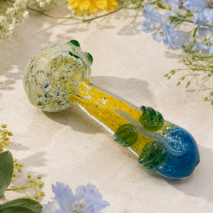 Yellow Blue Confetti Glass Spoon Pipe with Green Leaf Accents -  4 inch