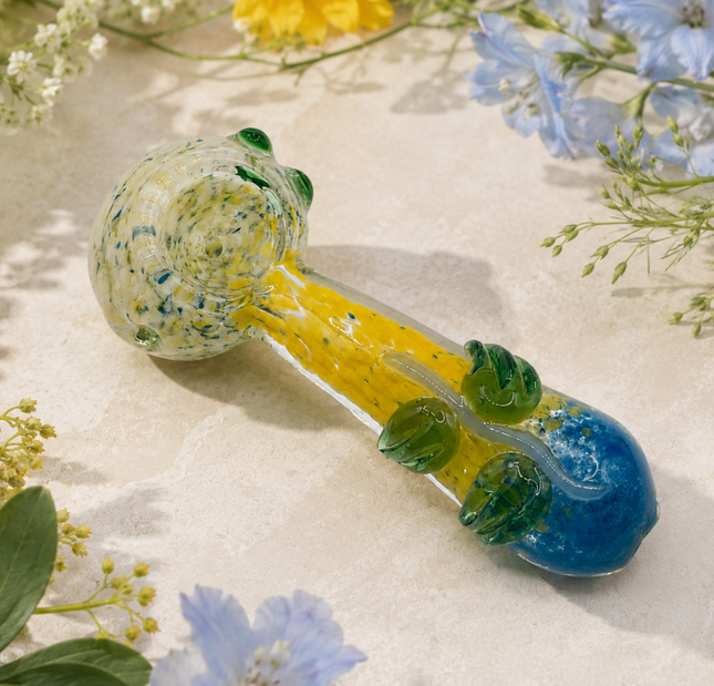 Yellow Blue Confetti Glass Spoon Pipe with Green Leaf Accents -  4 inch