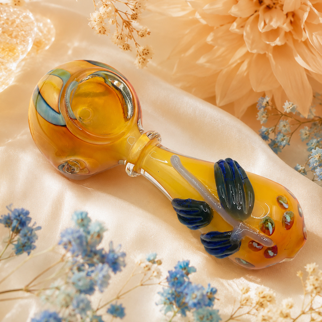 Amber Pumpkin Glass Spoon Pipe with Navy Leaf Accents - 4 inch