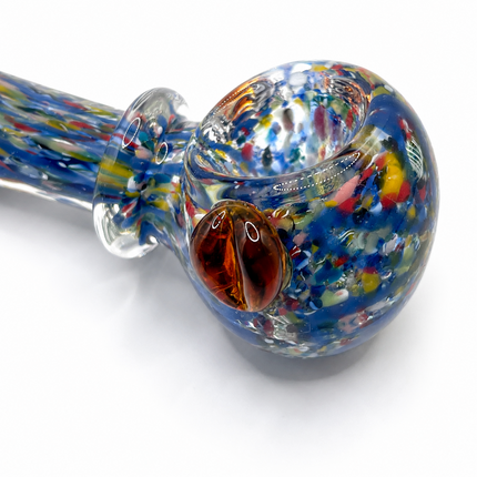 Confetti Blue Glass Spoon Pipe with Amber Crown – 4 Inch Hand Pipe