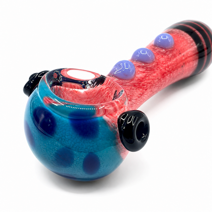 Red Frit Glass Spoon Pipe Blue Bowl Black Stripe 5 Inch Hand Pipe