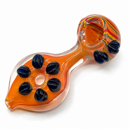 Amber Rainbow Stripe Glass Spoon Pipe with Black Dot Grips - 5 Inch