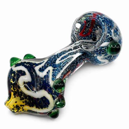 Blue Frit Twisted Body Glass Spoon Pipe with Green Raised Accents - 5 Inch